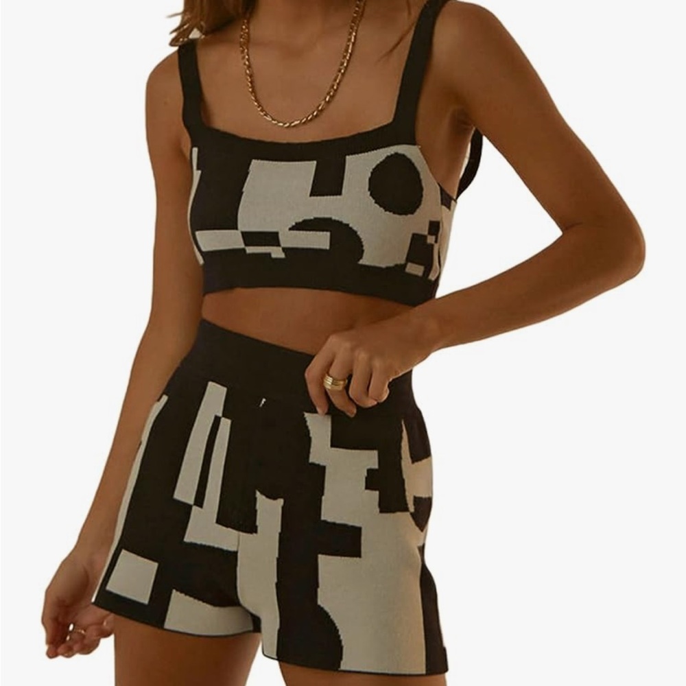 Y2k Knit 2 Piece Outfits Shorts Sets for Women Vintage Print Sleeveless Crop